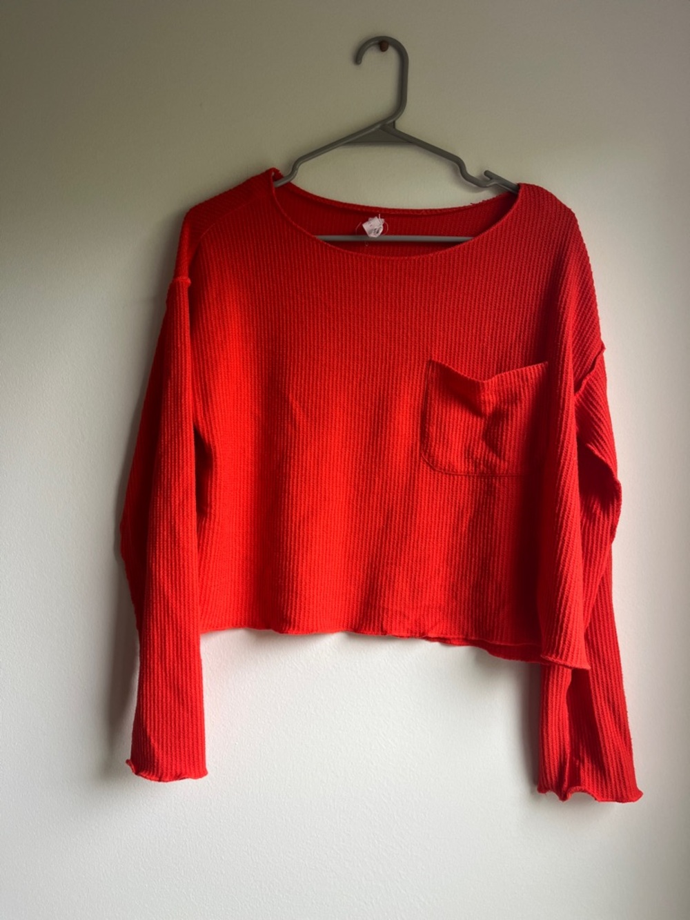 Daily Practice Women's Bright Red Ribbed Long-Sleeve Pocket Tee - Relaxed Crop